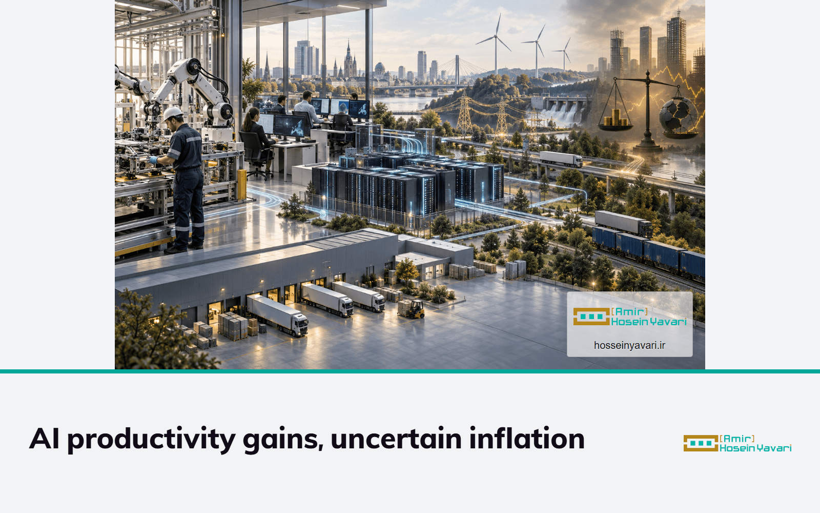 Factory, industrial robot and workers alongside data and energy infrastructure in Europe